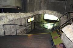 Collector sewer William underneath Montreal Museum of History and Archaeology with stone build and ancient river bed