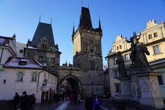 Charles Bridge over Vltava River in Prague with Malá Strana in the background