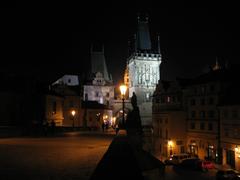 Charles Bridge tower at night in Malá Strana, Prague