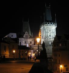 Charles Bridge tower at night in Malá Strana, Prague