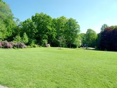 Eppendorfer Park landscape view with lush green lawns and a former pond turned into a biotope