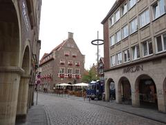 Scenic view of Münster with traditional German architecture and St. Lambert's Church in the background