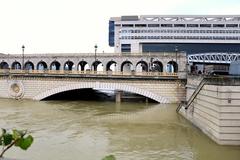 2018 Seine river flood at Paris with Bercy Bridge and Ministry of Finance in the background