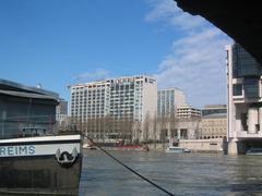 BRED headquarters in Paris on Quai de la Rapée with Bercy Bridge over the Seine