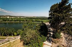 Panorama view of the Ramparts of Avignon, Pont Saint-Bénézet, and Rhône Valley from Jardin des Doms