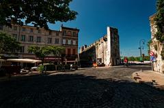 Avignon Place Crillon view WSW on Porte de l'Oulle medieval 14th century city walls