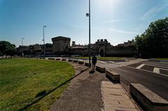 Panorama view of Rhône river bank, Avignon ramparts, Pont Edouard Daladier, and Pont Saint-Bénézet