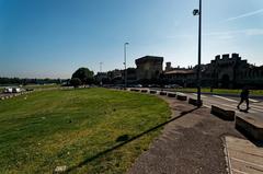 Panorama view of Rhône river bank in Avignon with Pont Saint-Bénézet and Pont Edouard Daladier