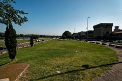 Panoramic view of the Rhône river bank with the ramparts of Avignon and Pont Saint-Bénézet