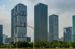 Shenzhen cityscape with modern skyscrapers and green areas