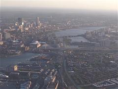 aerial view of Boston with Charles River, Longfellow Bridge and notable skyscrapers