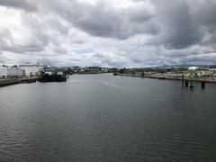 Chelsea Creek with Tobin Bridge in the distance and an oil barge moored on the east shore