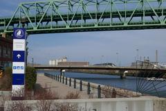 Northern end of the Harborwalk in Charlestown with Tobin Bridge