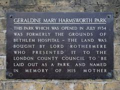 Geraldine Mary Harmsworth Park plaque in Southwark, London