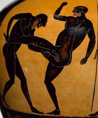 ancient Greek amphora showing Athena and pankration scene