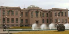 Rear view of Casa Chihuahua Museum with fountains