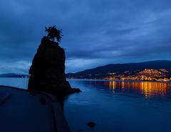 Siwash Rock in Vancouver with the city in the distance