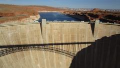 Lake Powell from Glen Canyon Dam Bridge with contrasting red rocks and deep blue water