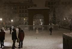 Plaza del Dos de Mayo in Madrid covered in snow on January 8, 2021