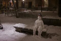 Plaza del Dos de Mayo in Madrid covered in snow on a winter day