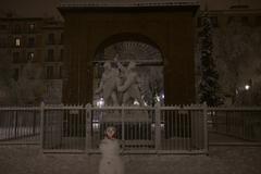 Plaza del Dos de Mayo in Madrid covered in snow