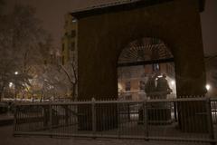 Plaza del Dos de Mayo covered in snow, Madrid