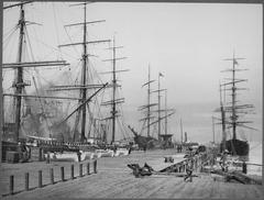 Moored schooners' masts forming a wall around the dock in San Francisco, 1900, by Henry G. Peabody