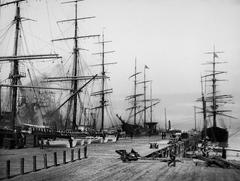 Moored schooners with masts forming a wall around the dock in San Francisco, 1900