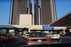 Detroit border crossing with cars and a bridge