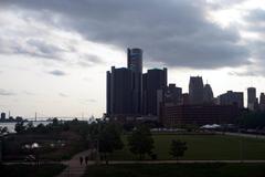 Renaissance Center viewed from William G. Milliken State Park and Harbor in Detroit