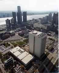 Aerial view of BCBSM's Detroit Tower headquarters and Renaissance Center