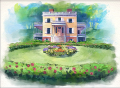 Illustration of yellow house with circular garden plot in front