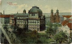 Aerial view of Plzeň featuring the city Theater and the Great Synagogue