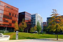 HafenCity waterfront in Hamburg with modern buildings and a blue sky