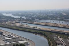 Hot air balloon in flight over Hamburg