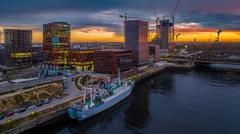 The Stubnitz moored in Hafencity Hamburg at the Elbe bridges