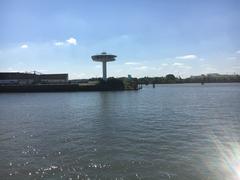 A scenic view of Baakenhöft with modern buildings along the waterfront