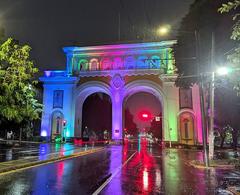 Arcos de Guadalajara lit in LGBT Pride colors