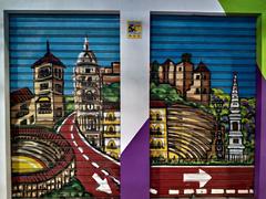 Mural depicting La Malagueta bullring, Malaga Cathedral, Alcazaba, Torrijos Monument, Palace of the Counts of Buenavista, and Roman Theatre on the shutters of Malaga Bike Tours and Rentals