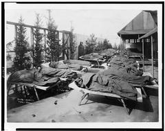 children wrapped in blankets on cots at Elizabeth McCormick Open Air School No. 2 on the roof of Hull House boys club