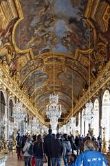 Hall of Mirrors in the Palace of Versailles with ceiling paintings by Charles Le Brun