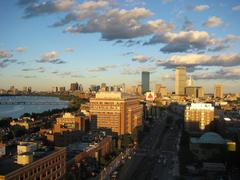 Boston skyline at sunset with Kenmore Square