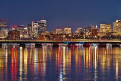 Downtown Boston skyline with reflections in the frozen Charles River