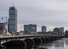 Harvard Bridge and Prudential Tower with half-frozen Charles River Basin