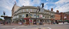 Buildings and shops in Harvard Square, Cambridge, MA