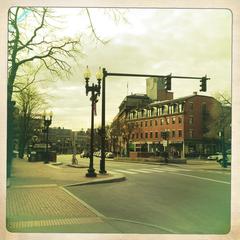 Harvard Square bustling with people and activity