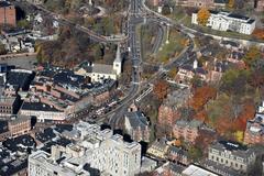 Aerial view of Harvard Square including Old Yard and First Parish Cambridge