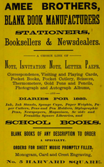 1885 advertisement from Amee Stationer in Cambridge, Massachusetts, USA