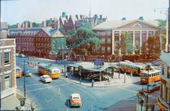 1950s Harvard Square postcard with MTA trolleybuses and subway entrance