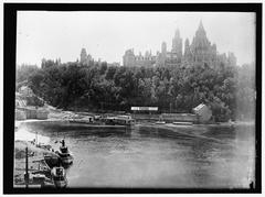 Historic image of the Parliament Buildings and Lappers Bridge in Canada